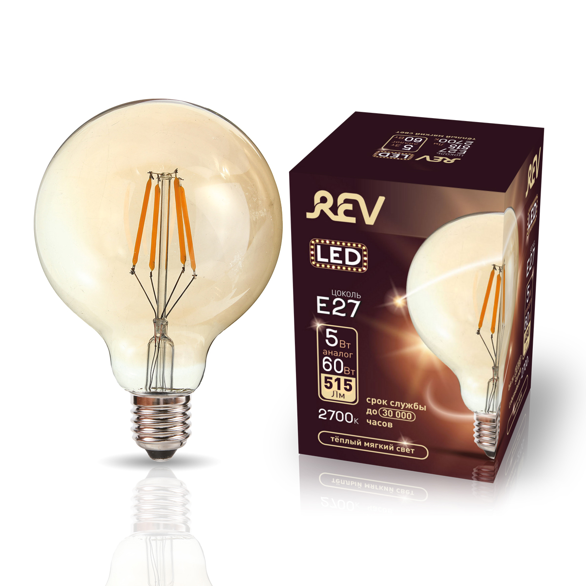 фото Лампа светодиодная rev vintage filament шар g95 e27 5w, 2700k, deco premium, теплый свет