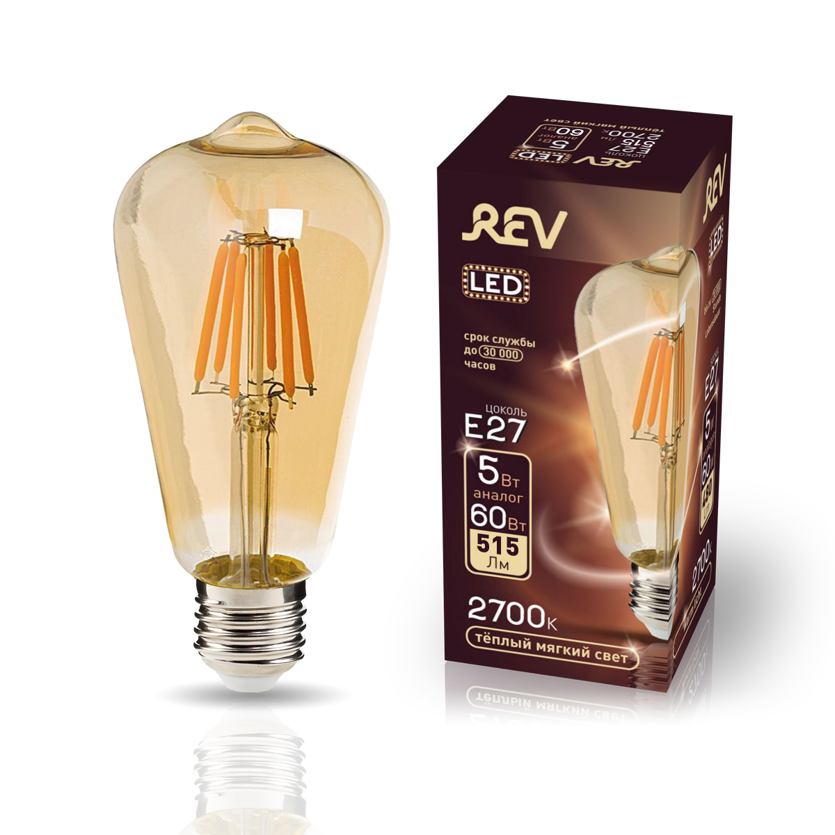 фото Лампа светодиодная rev vintage filament st64 e27 5w, 2700k, deco premium, теплый свет