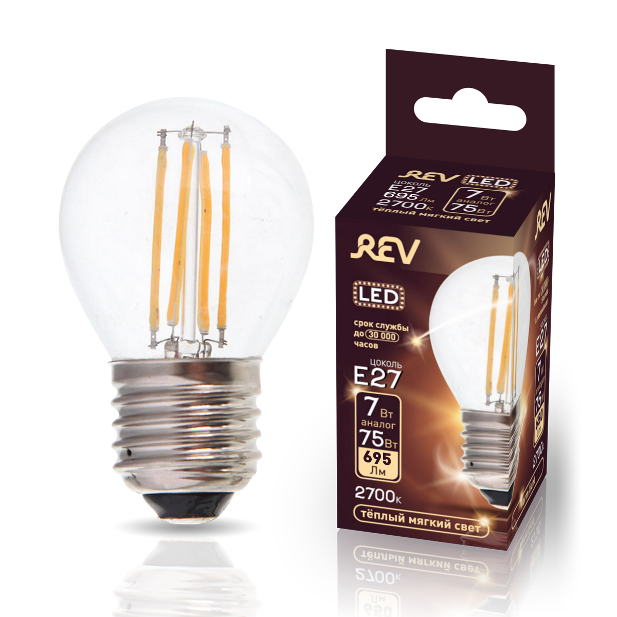 фото Лампа светодиодная rev filament шарик g45 e27 7w, 2700k, deco premium, теплый свет