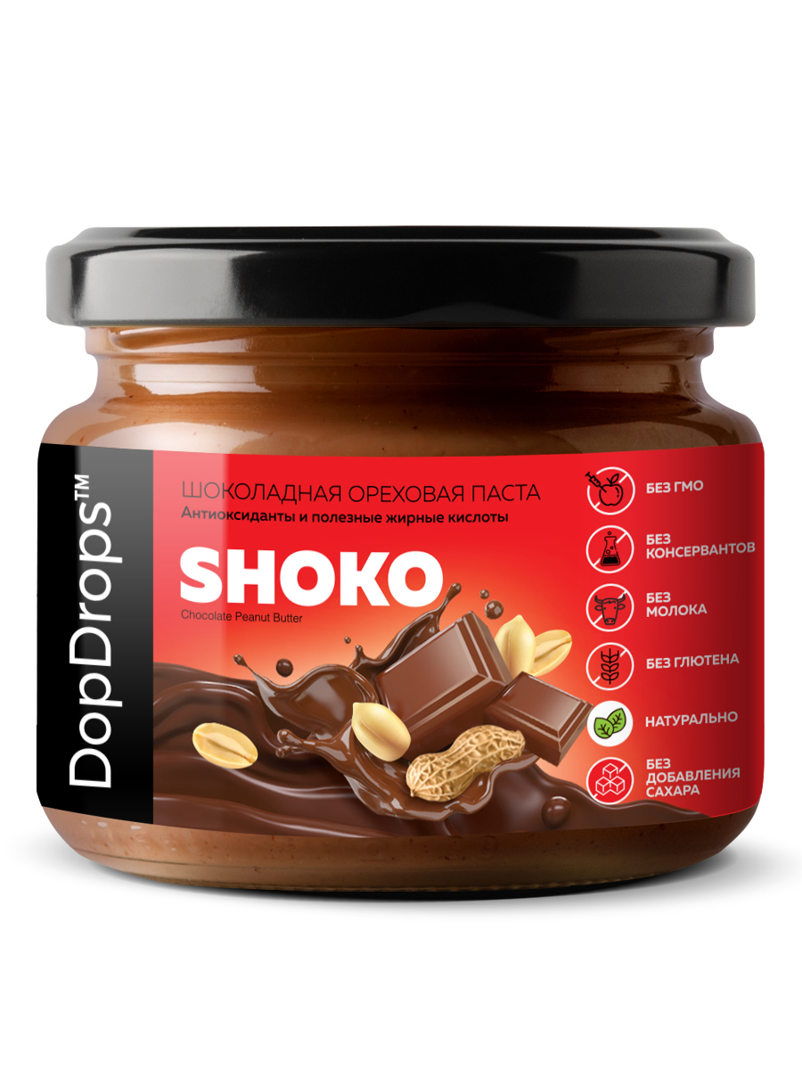 Шоколадно-ореховая паста DopDrops SHOKO с арахисом и шоколадом без сахара, 250 г