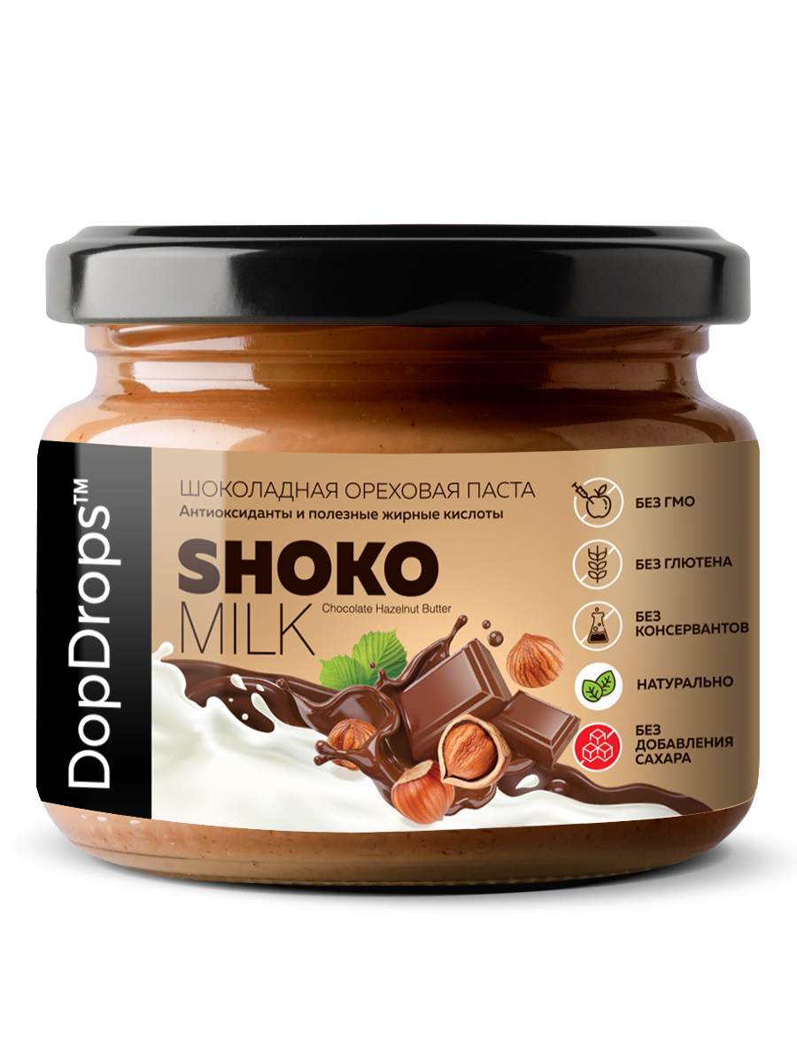 Шоколадно-ореховая паста SHOKO MILK с фундуком и молочным шоколадом без сахара, 250 г