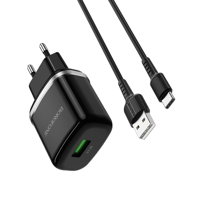 

Сетевое зарядное устройство Borofone BA36A High (5V, 3A, QC3.0) + кабель Type-C, черный