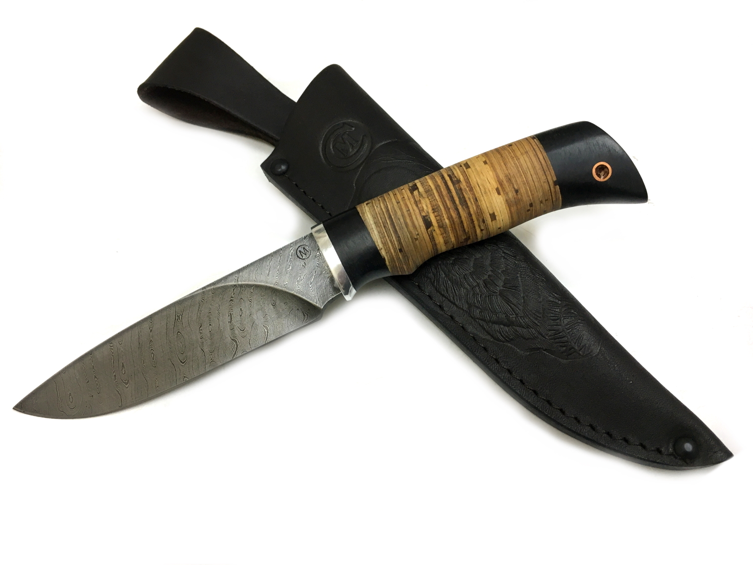 Нож Семин Мурена, дамасская сталь, рукоять из бересты и черного дерева