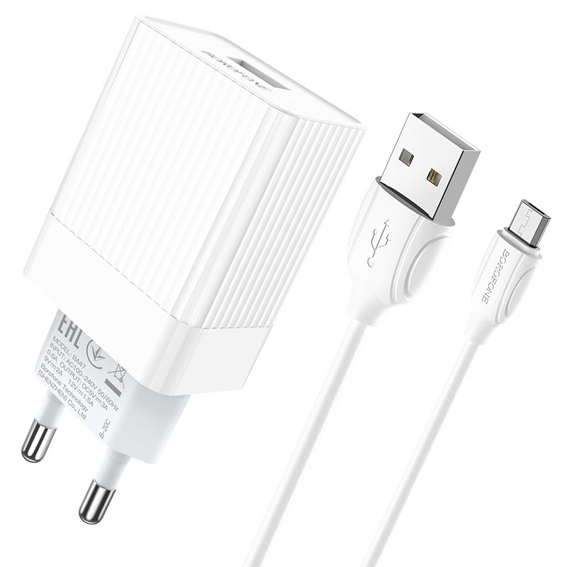 

Сетевое зарядное устройство Borofone BA47A Mighty (QC3.0, 5V, 3A) + кабель MicroUSB, белый
