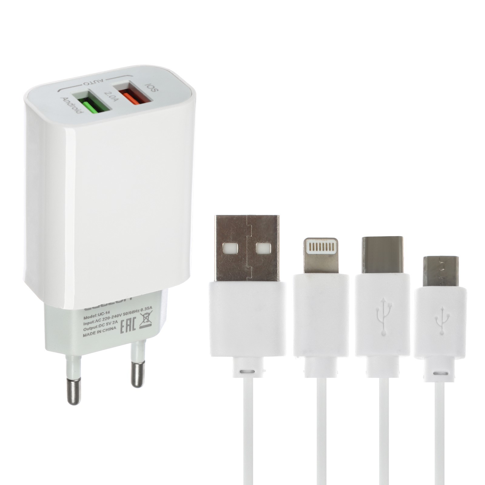 

Комплект для зарядки 3 в 1 LuazON UC-14, СЗУ 2хUSB, 2A, microUSB/Type-C/Lightning, белый
