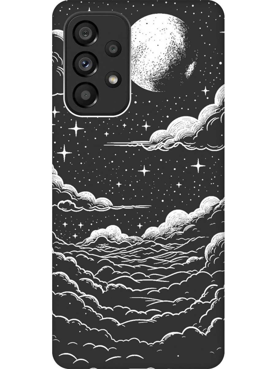 

Силиконовый чехол на Samsung Galaxy A53 5G с принтом "Луна и облака" матовый черный, Черный;белый, 740133041