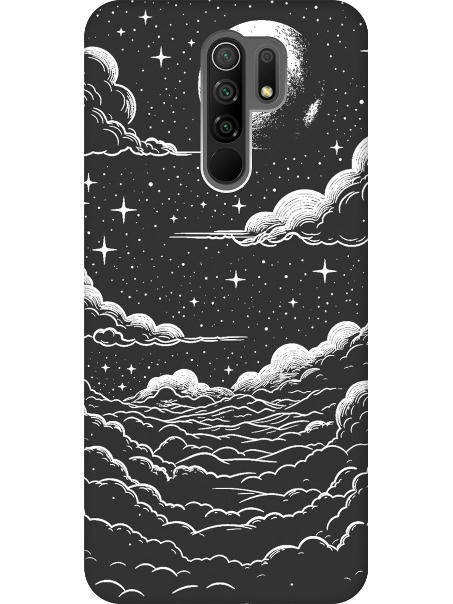 

Силиконовый чехол на Xiaomi Redmi 9 с принтом "Луна и облака" матовый черный, Черный;белый, 723276741