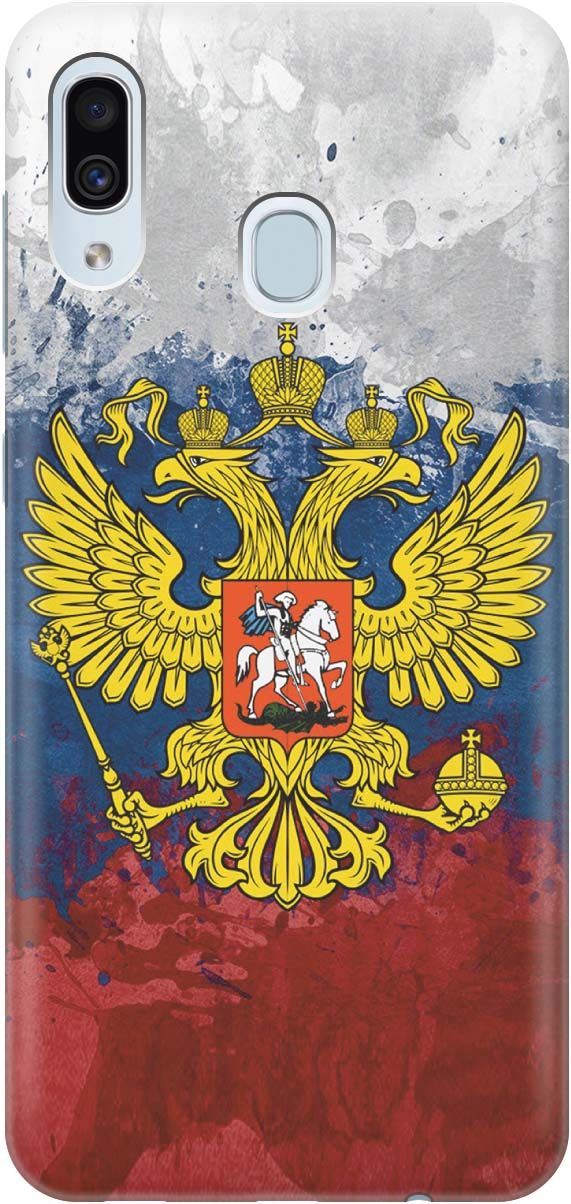 

Силиконовый чехол на Samsung Galaxy A40 с принтом "Герб и Флаг РФ", Голубой;желтый, 383