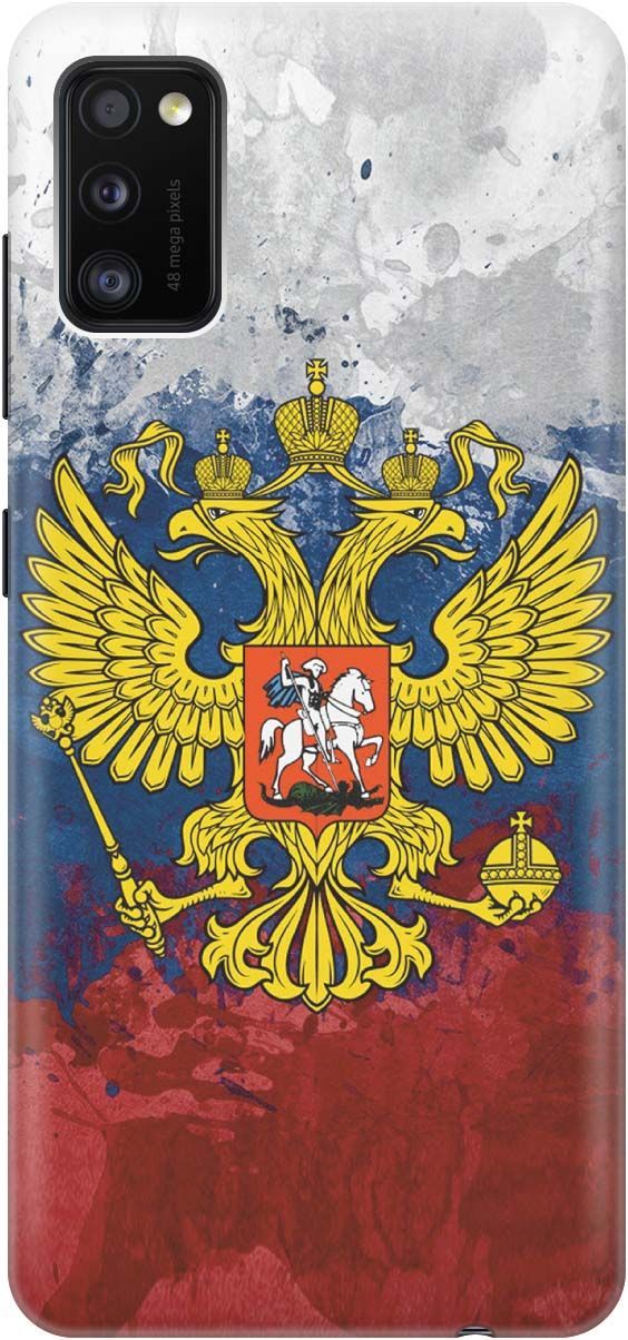 

Силиконовый чехол на Samsung Galaxy A41 с принтом "Герб и Флаг РФ", Голубой;желтый, 385