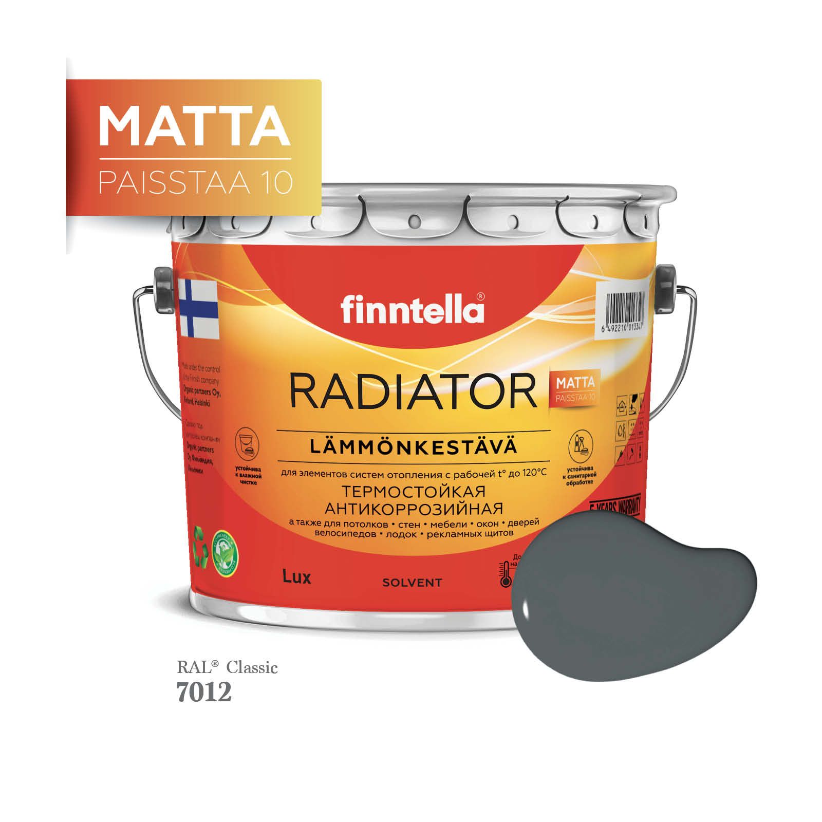 

Краска для радиаторов быстросохнущая финская эмаль FINNTELLA RADIATOR Matta. Матовая. Цвет, Серый, RADIATOR Matta RAL