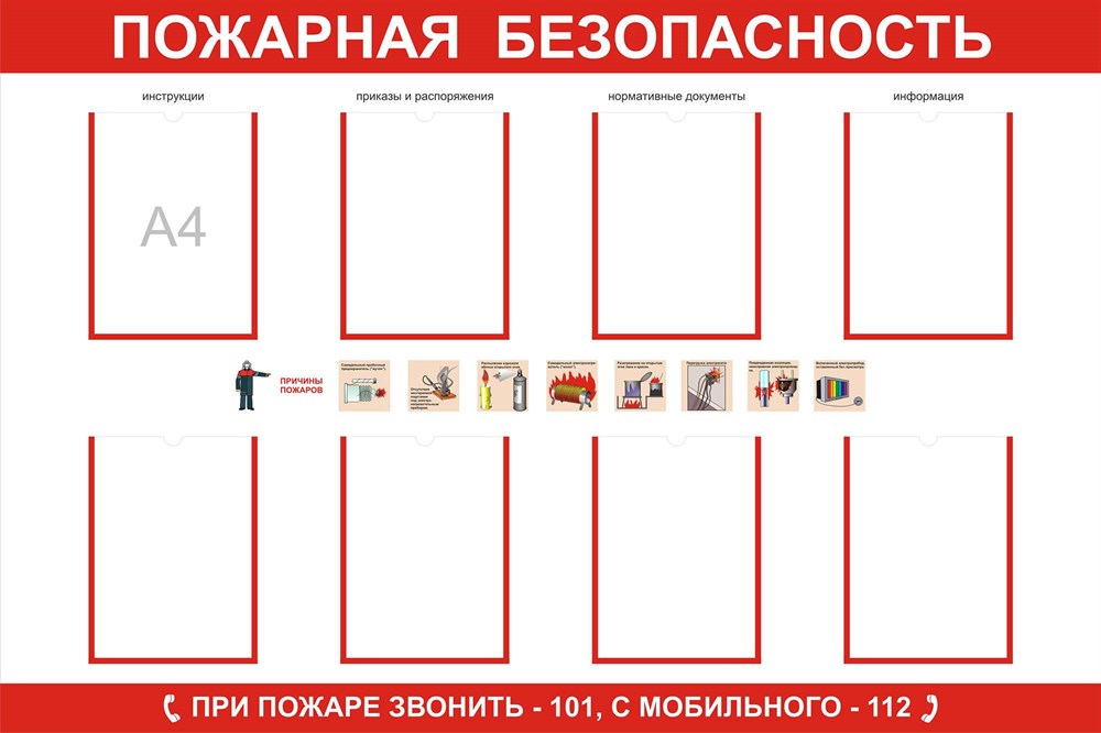 фото Стенд пожарная безопасность с карманами а4 размер 1200 х 1000 пластик 3 мм артель 0106