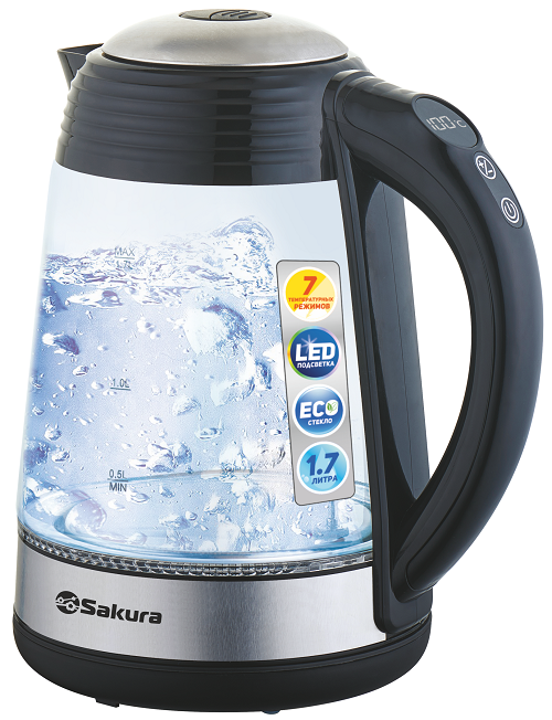 Чайник электрический SAKURA SA-2729DBK 1.7 л прозрачный, черный, серебристый чайник электрический sakura sa 2342wr 1 л белый красный