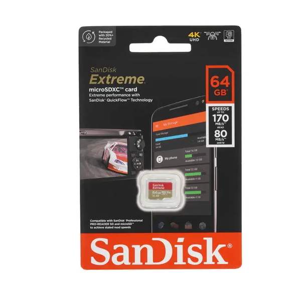 Карта памяти SanDisk SDXC 64Гб Extreme SDSQXAH-064G-GN6MN 2989₽