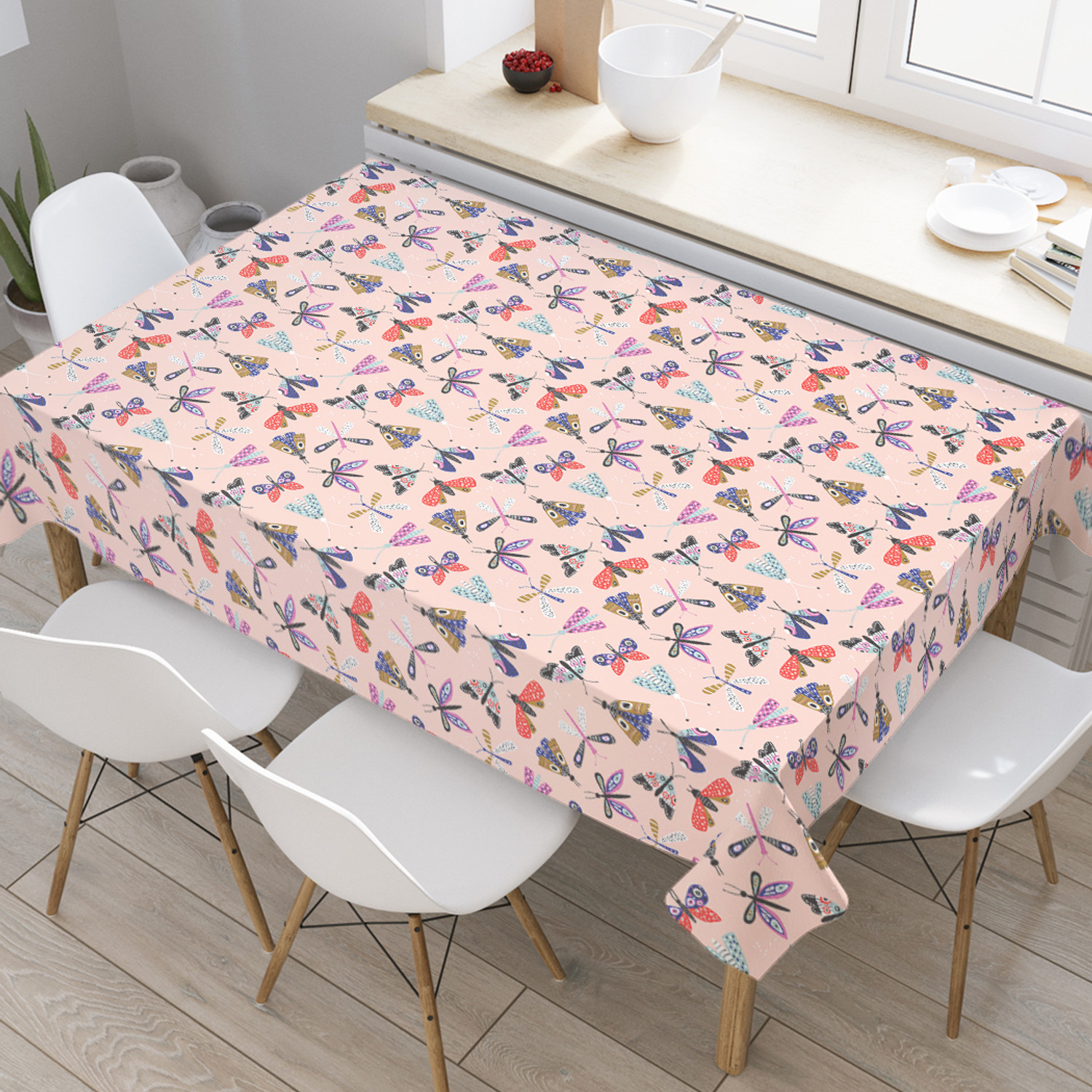 

Прямоугольная тканевая скатерть на стол Насекомые 120х145см, Розовый, Насекомые