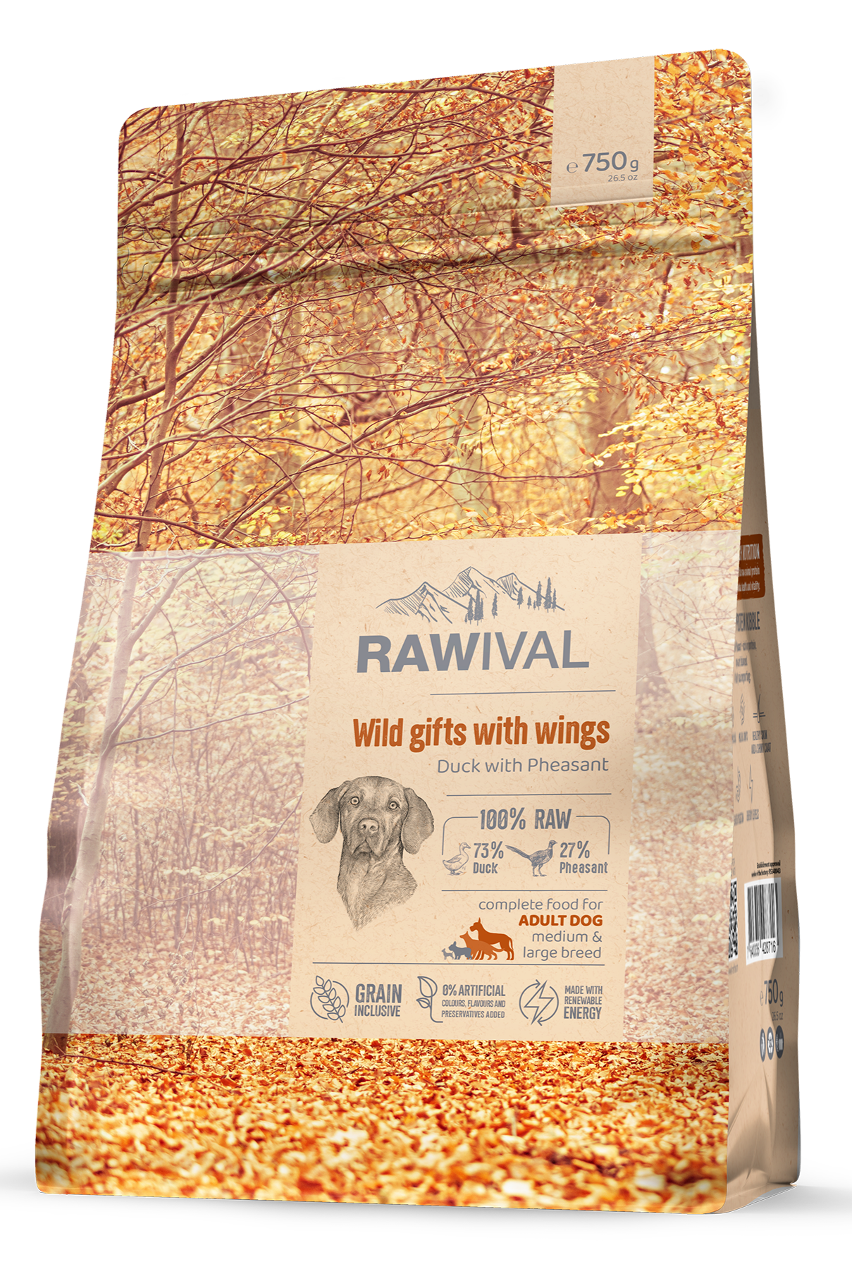 Сухой корм для собак RAWIVAL, для средних и крупных пород, утка с фазаном, 0,75 кг