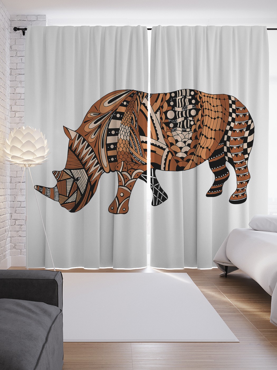 

Шторы JoyArty с фотопечатью "Этнический носорог" из сатена, 290х265 см, Этнический носорог