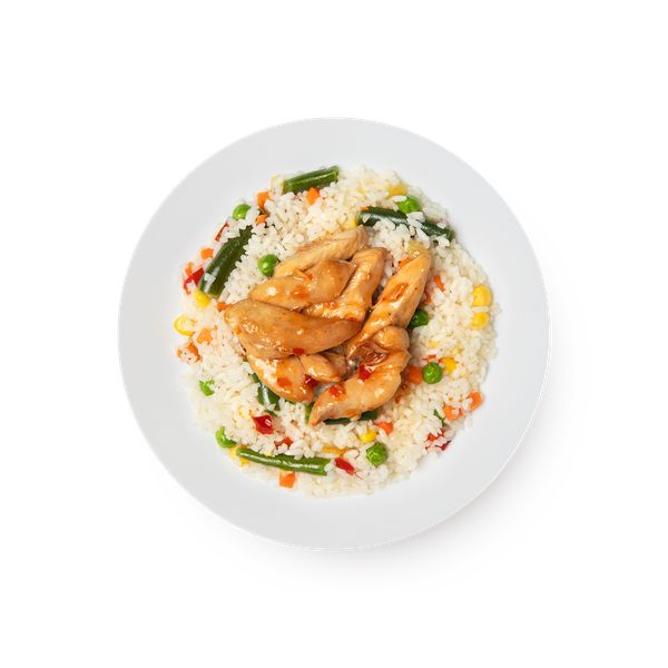 

Цыпленок в кисло-сладком соусе с рисом и овощами 250 г