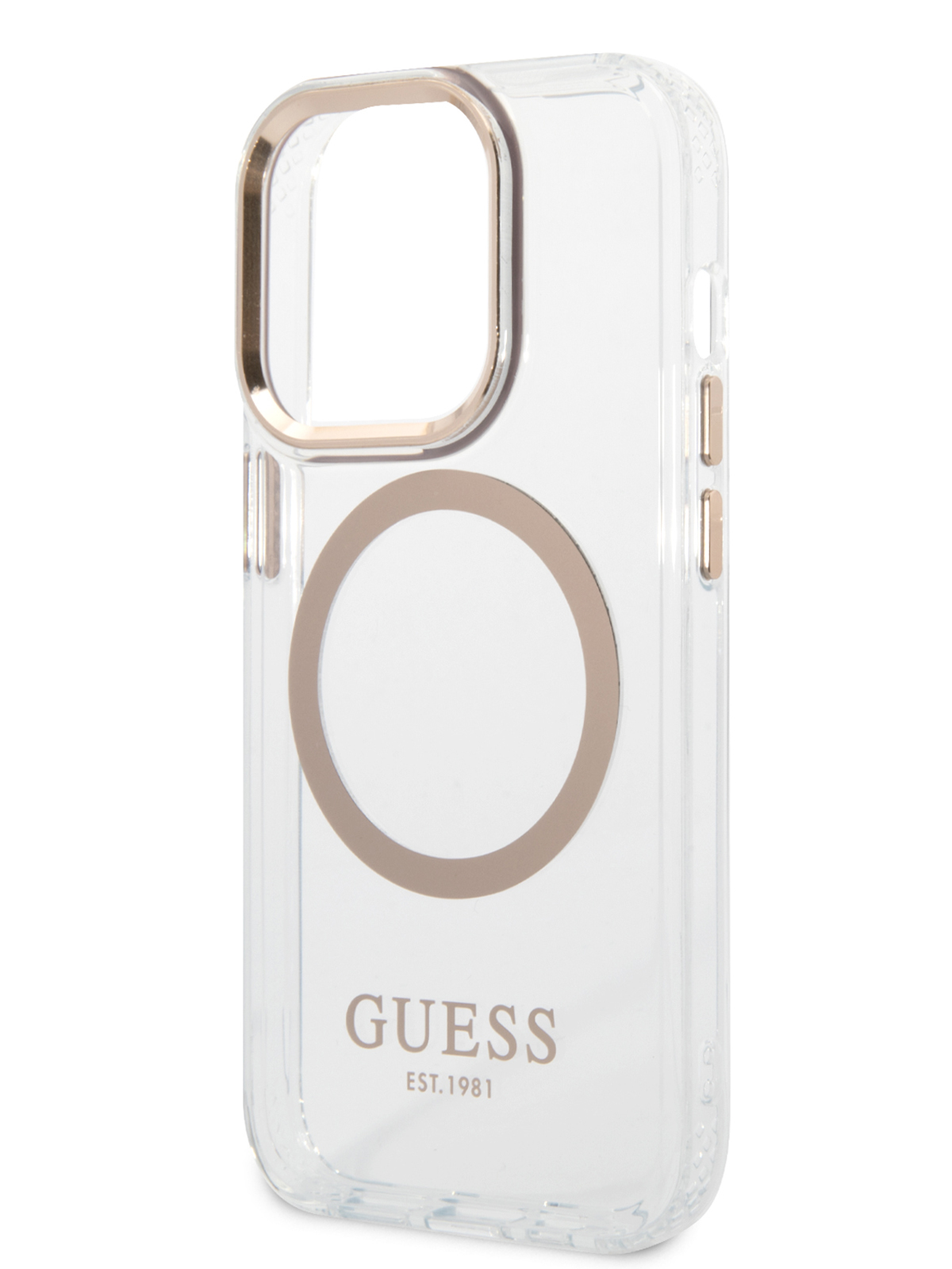 

Чехол Guess для iPhone 15 Pro с MagSafe Metal outline Hard Transparent/Gold, Прозрачный