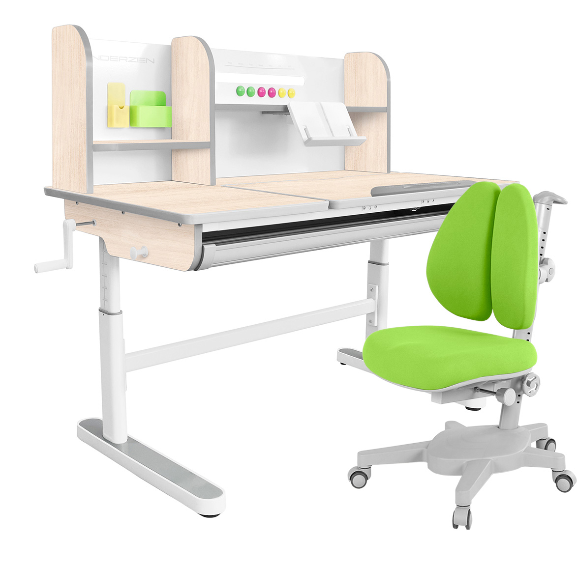 Комплект парта KinderZen Gaudi Plus клен/серый c зеленым креслом Armata Duos комплект парта anatomica study 120 lux клен серый с зеленым креслом armata duos