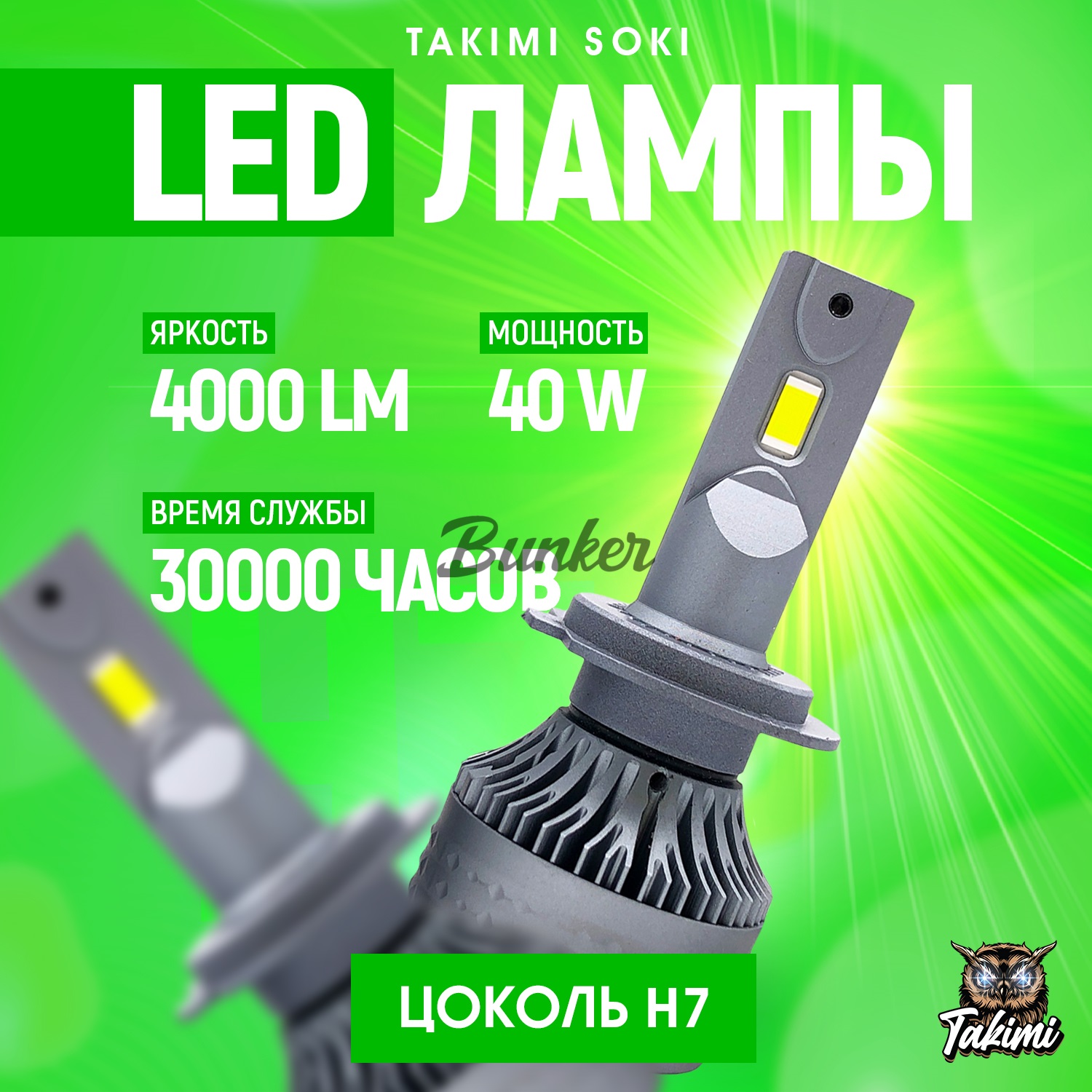 Светодиодные LED Лампы TaKiMi Soki H7 12V / Автосвет для машины / Белый свет