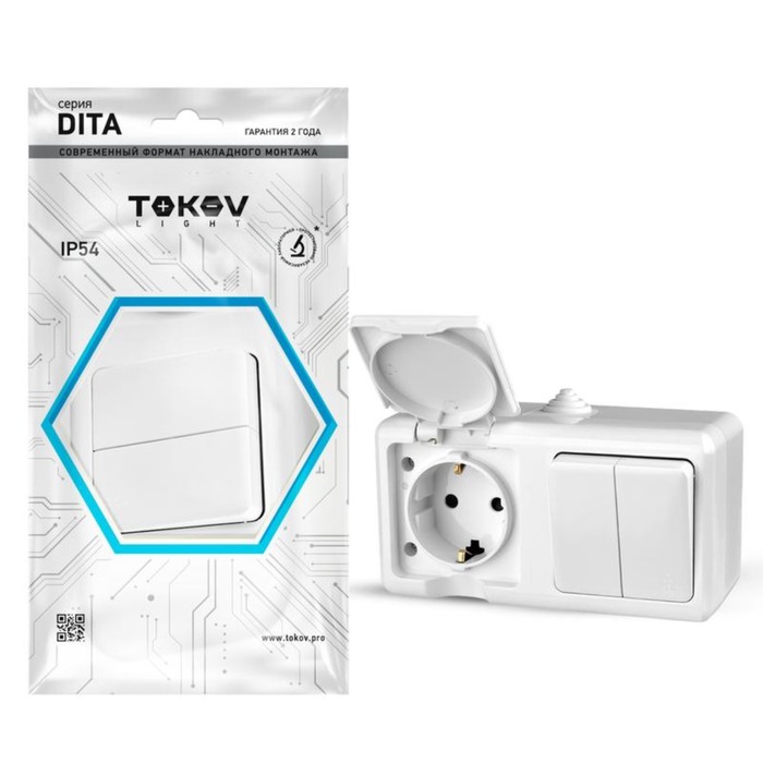 

Блок TOKOV ELECTRIC, Dita (розетка 16А, 250В, с з/к + 2-кл. выкл. 10А), IP54, белый