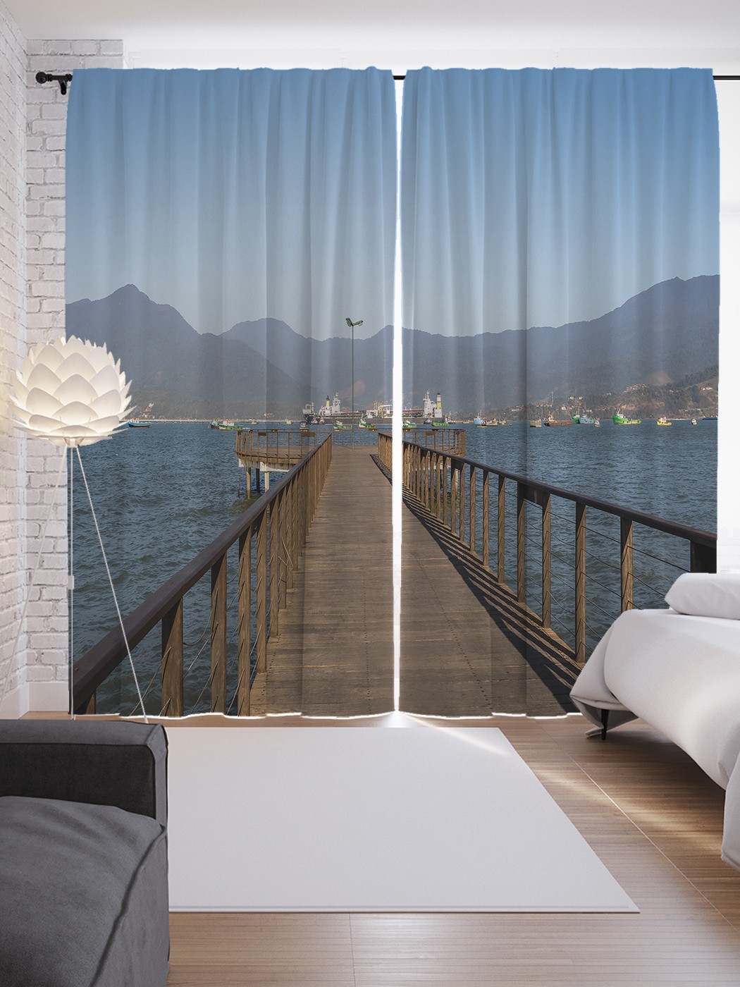 

Шторы JoyArty с фотопечатью "Причал с видом на горы" из сатена, 290х265 см, Причал с видом на горы