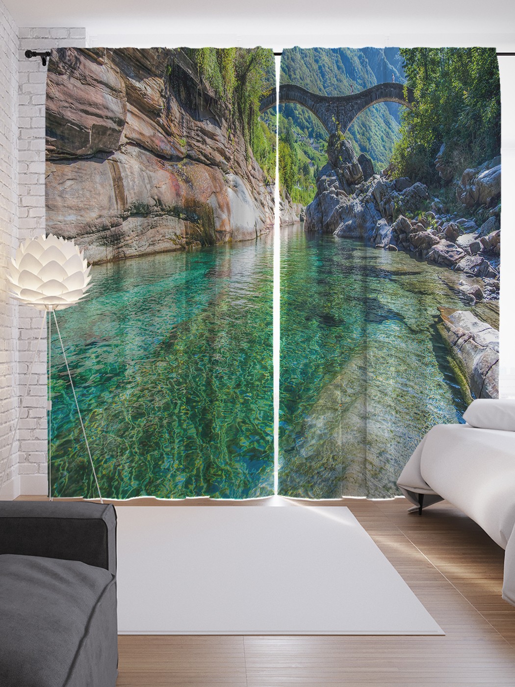 

Шторы JoyArty с фотопечатью "Швейцарская река Верзаска" из сатена, 290х265 см, Швейцарская река Верзаска