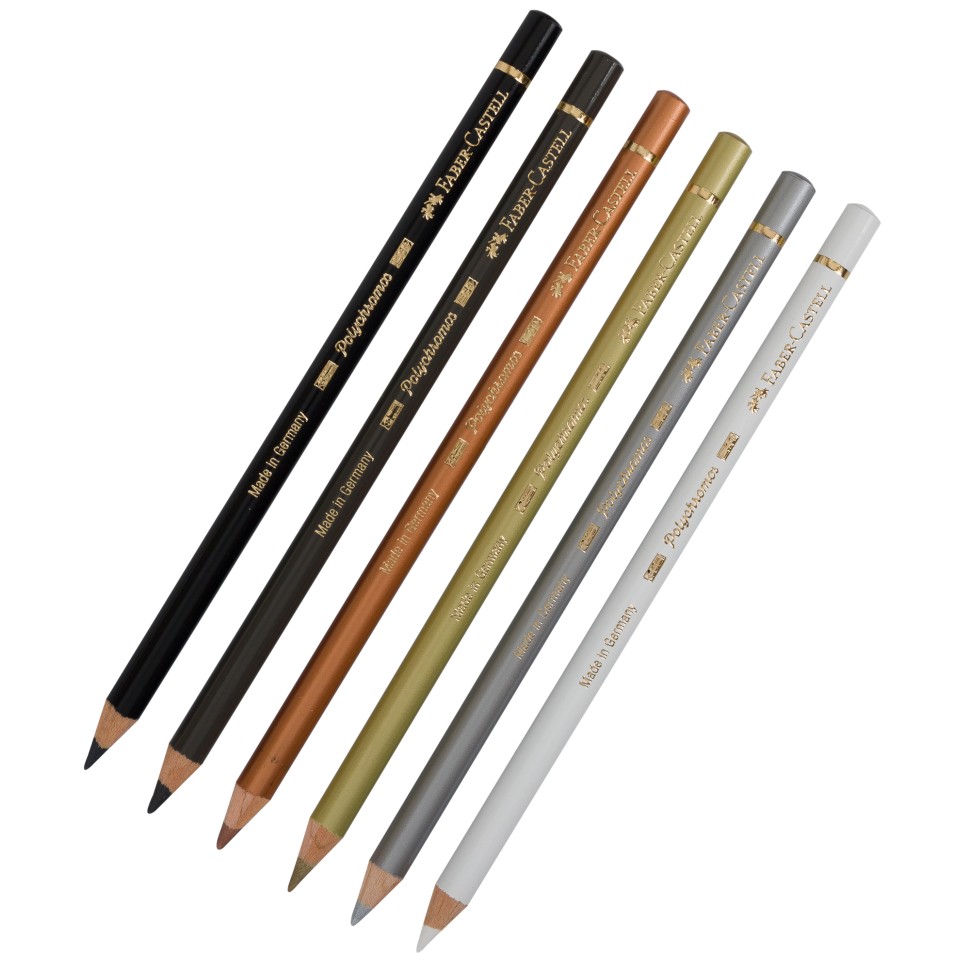 

Карандаш № 101,175,199,250,251,252, комплект 6 штук, Polychromos, Разноцветные, FABER-CASTELL Комплект карандашей Polychromos 6 штук, Белый, Чёрный, Золото, СереброСостав комплекта по цветам (номера по каталогу Faber-Castell): №№ 101, 175, 199, 250, 251, 