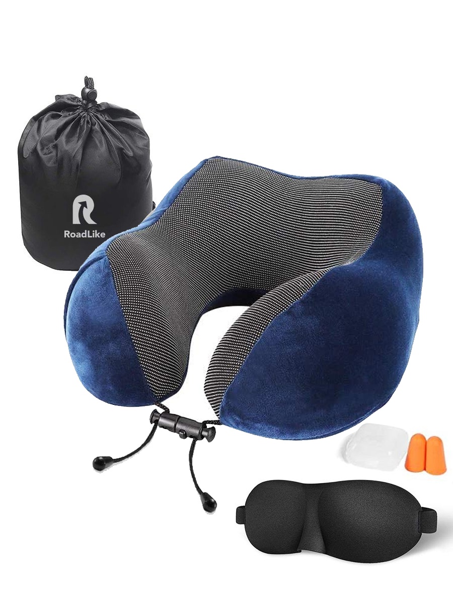 Подушка для путешествий RoadLike Travel Kit Velvet с эффектом памяти, синий