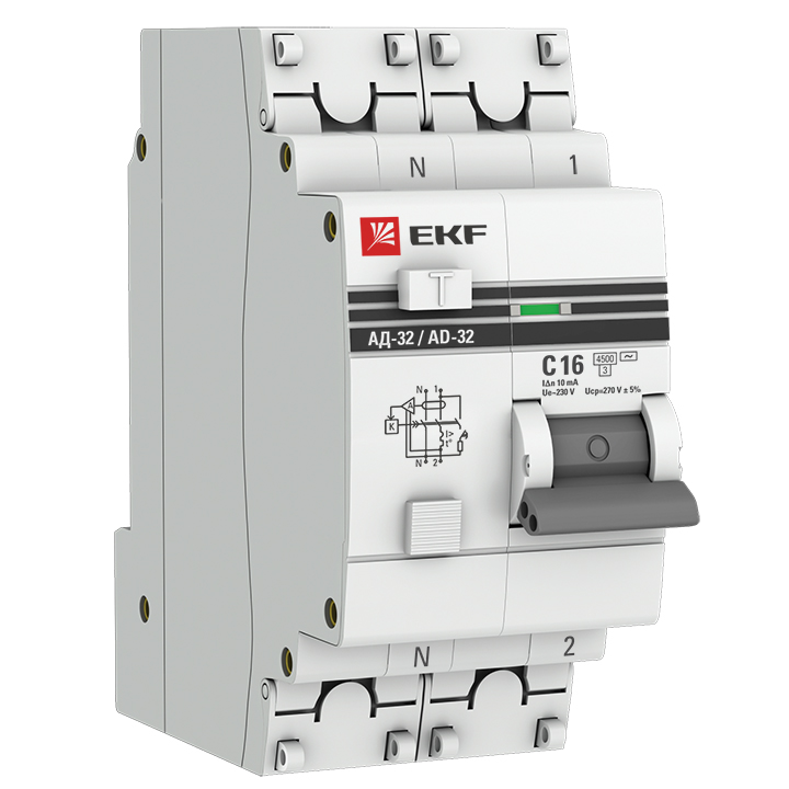 Дифференциальный автомат EKF АД-32 1P+N 16А/ 10А DA32-16-10-pro (хар.C,AC,элект,270В)4,5кА автомат м16 световые и звуковые эффекты работает от батареек