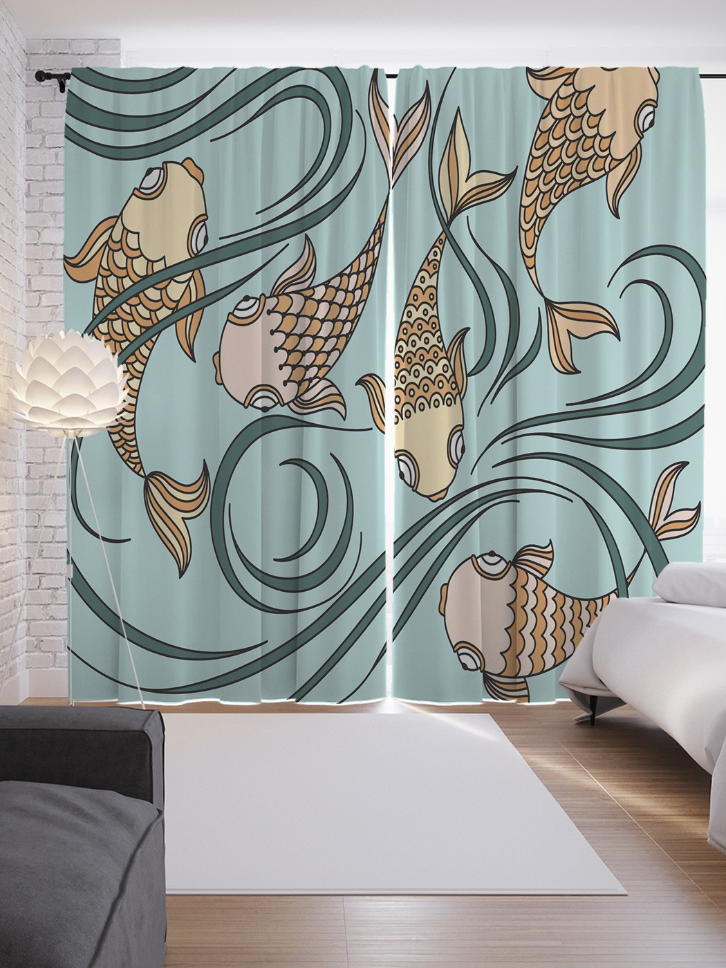 

Шторы JoyArty с фотопечатью "Стая карпов кои" из сатена, 290х265 см, Стая карпов кои