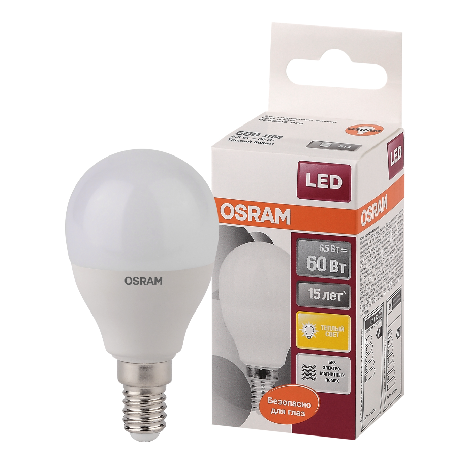 

Лампочка Osram LED Star, светодиодная, 600лм, 7Вт, 2700К, теплый белый свет, E14, шар