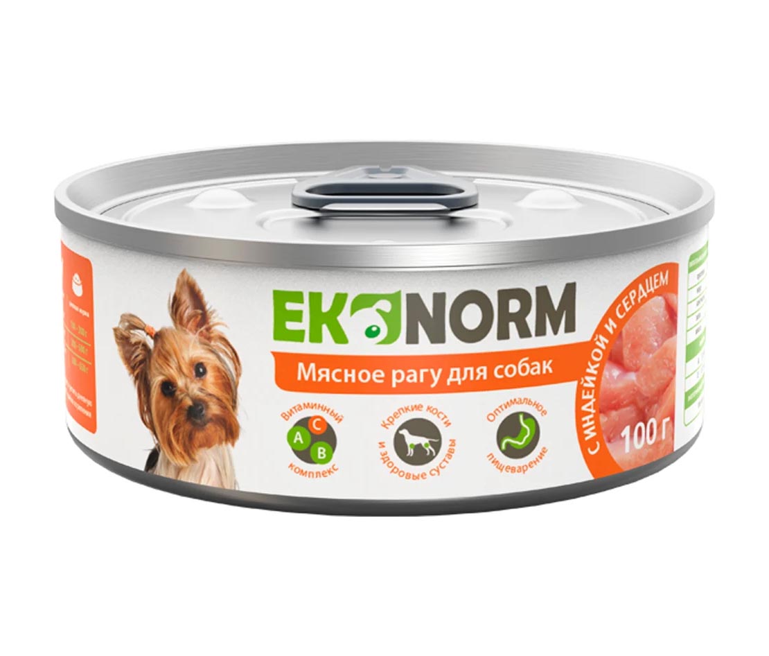 Консервы для собак Ekonorm, мясное рагу с индейкой и сердцем, 100 г