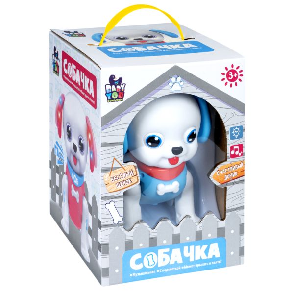 

Игр.разв.пласт. СОБАЧКА Bondibon,музыкальная,прыгает,лает,ушки и хвост со светод.подсветко, Голубой;белый