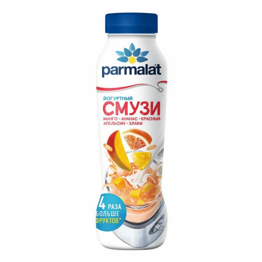Питьевой йогурт Parmalat Смузи йогуртный манго ананас красный апельсин злаки 1,2% 280 г