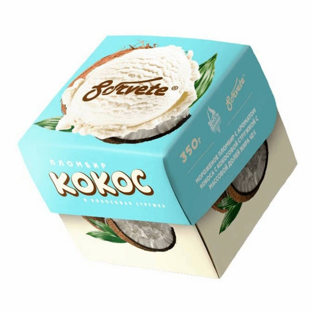 

Мороженое пломбир Sorvete с ароматом кокоса с кокосовой стружкой 12% 350 г