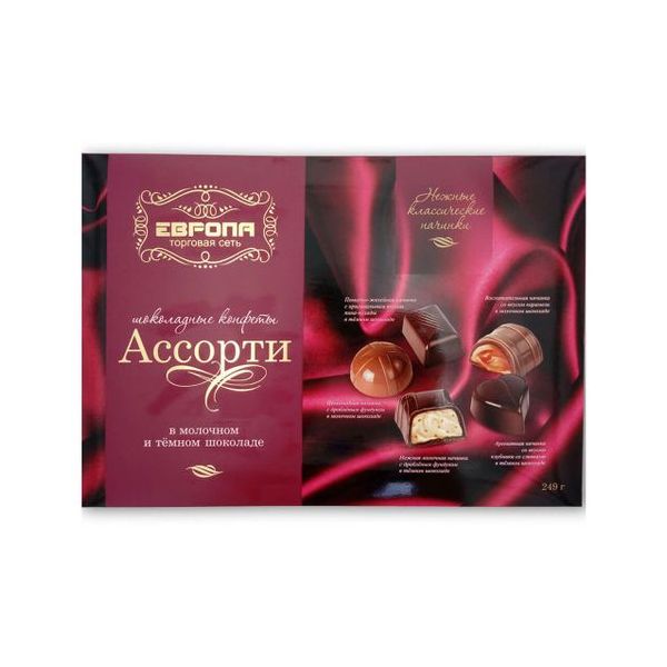 

Шоколадные конфеты Европа ассорти в молочном и темном шоколаде 249 г