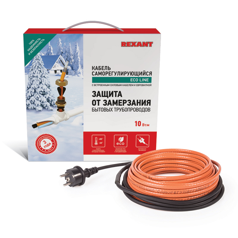 Греющий саморегулирующийся кабель (в трубу) 10HTM2-CT (25м/250Вт)  REXANT комплект для ввода нагревательной секции защиты от замерзания в трубу heatline