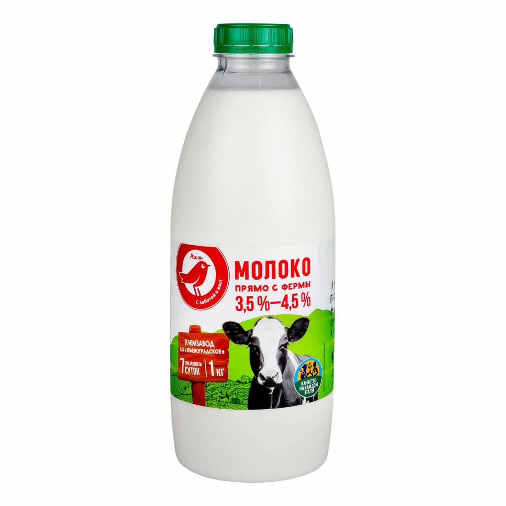 Молоко АШАН Красная птица питьевое пастеризованное 3,5 - 4,5% 1 л
