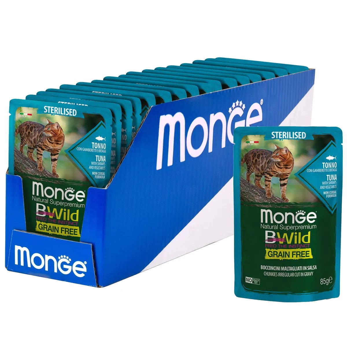 

Влажный корм для кошек Monge Cat BWild, из тунца с креветками и овощами, 28шт по 85г, Bwild Grain free Sterilised