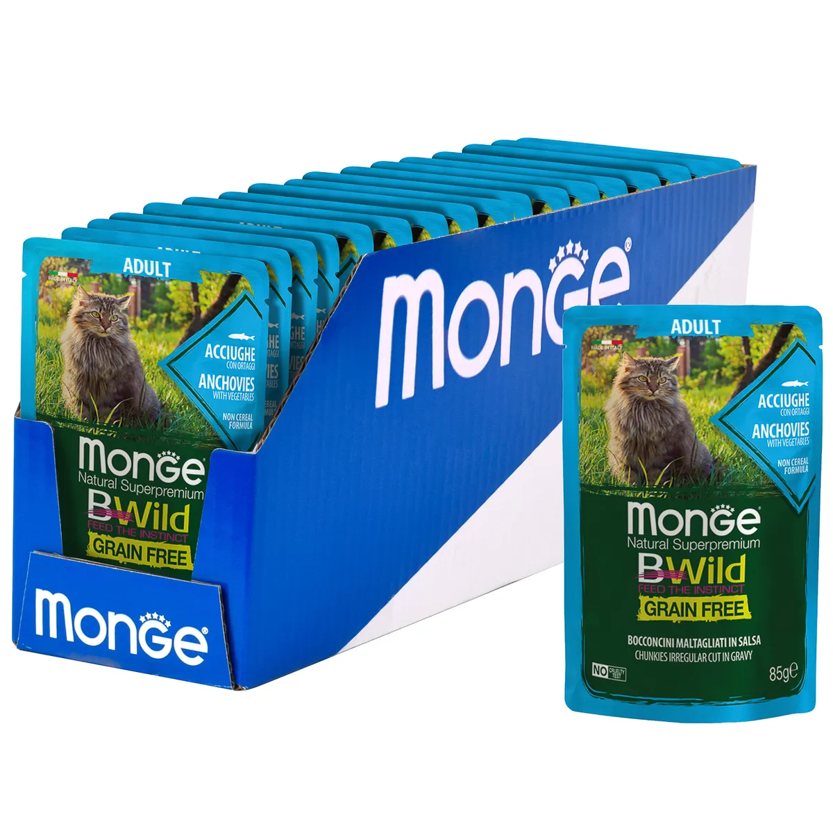 фото Консервы для кошек monge cat bwild grain free из анчоусов с овощами, 28шт, 85г