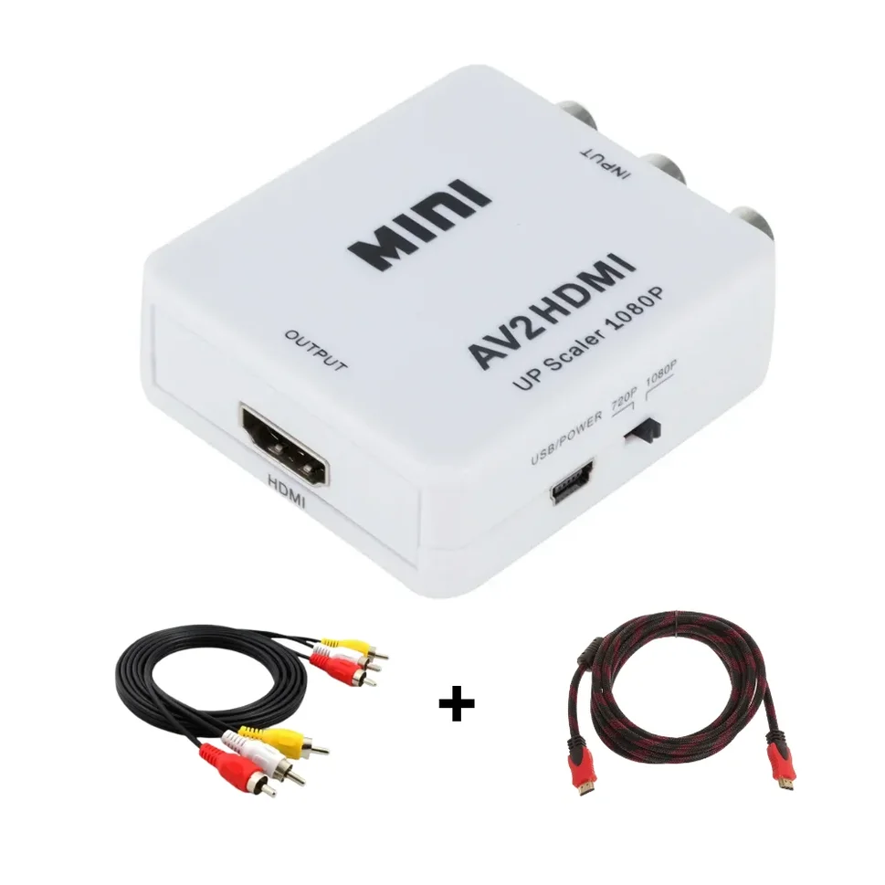 Конвертер переходник из AV в HDMI (AV2HDMI) / комплект с проводами RCA и HDMI / белый