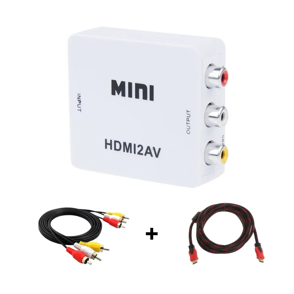 Конвертер переходник из HDMI в AV (HDMI2AV) / комплект с проводами RCA и HDMI / белый