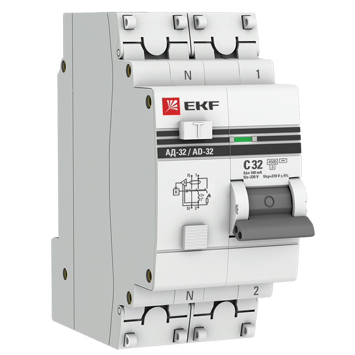 Дифференциальный автомат АД-32 1P+N 32А/100мА (хар. C, AC, электр., защита 270В) 4,5кА EKF автомат м16 световые и звуковые эффекты работает от батареек