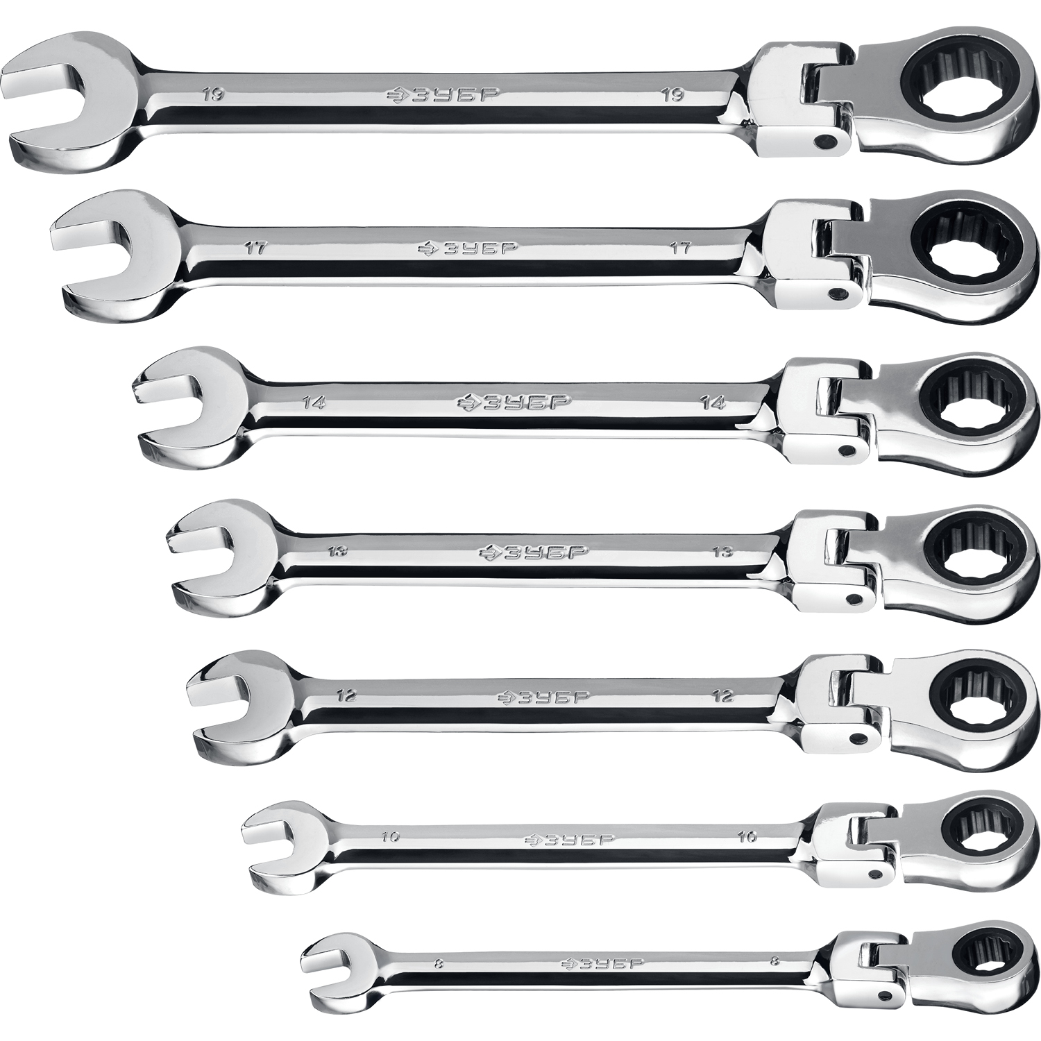 Набор шарнирных трещоточных гаечных ключей ЗУБР Профессионал 7 шт 8-19 мм 27101-H7 набор трещоточных комбинированных ключей aist