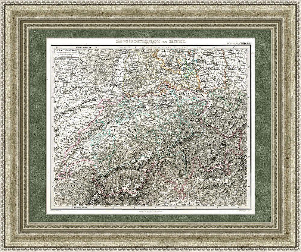 

Юго-западная Германия и Швейцария. Антикварная карта 1870 г.