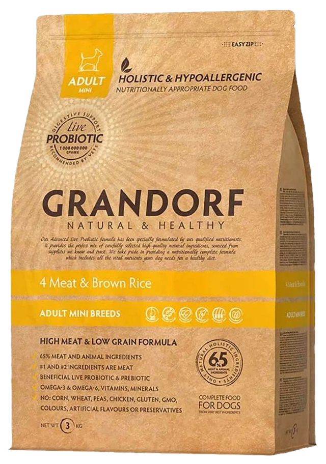 

GRANDORF GRANDORF ADULT MINI LIVING PROBIOTICS 4 MEAT & BROWN RICE для взрослых собак мале