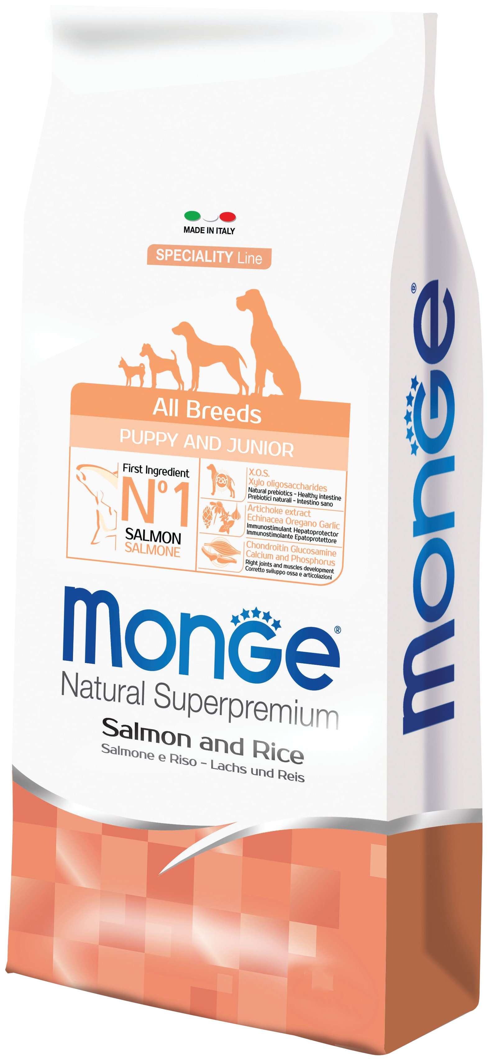 

MONGE MONGE SPECIALITY DOG PUPPY & JUNIOR SALMON для щенков всех пород с лососем и рисом (