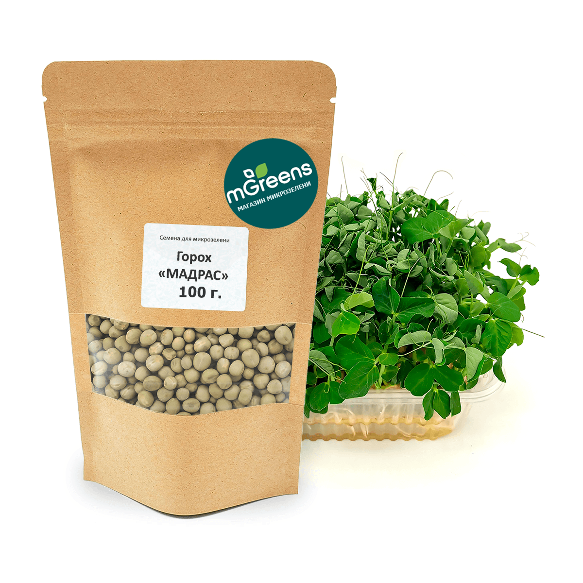 

Весовые семена для микрозелени mGreen's Горох "Мадрас" 100 г, gorokh_ves