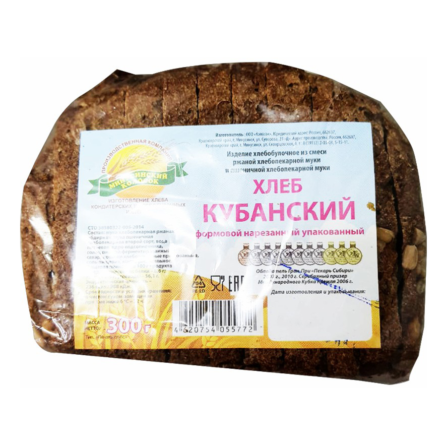 

Хлеб Минусинский Колосок Кубанский кирпич ржано-пшеничный нарезанный 300 г